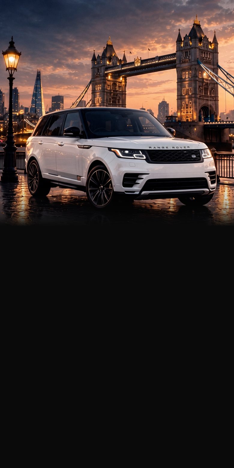 A white Range Rover on the embankment in front of Tower Bridge at sunset