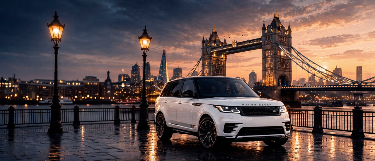 A white Range Rover on the embankment in front of Tower Bridge at sunset